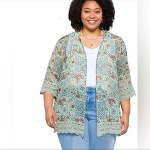 Mason & Belle Laria Kimono - light blue, floral, crochet trim - Size 3X